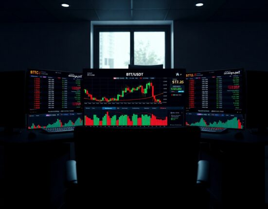 Trading desk monitor showing BTC/USDT Spot CVD chart with Volume Heatmap and Cumulative Volume Delta indicator
