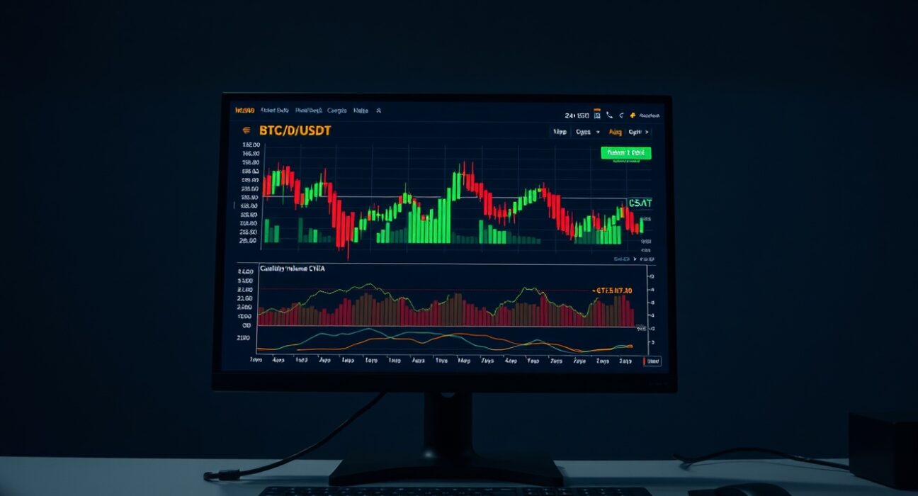 BTC/USDT order book analysis chart showing volume heatmap and cumulative volume delta on a trading monitor.