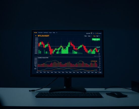 BTC/USDT order book analysis chart showing volume heatmap and cumulative volume delta on a trading monitor.
