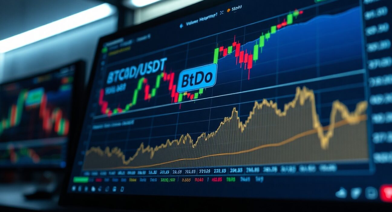 Professional trading monitor displaying BTC/USDT Spot CVD chart with Volume Heatmap and Cumulative Volume Delta indicators.