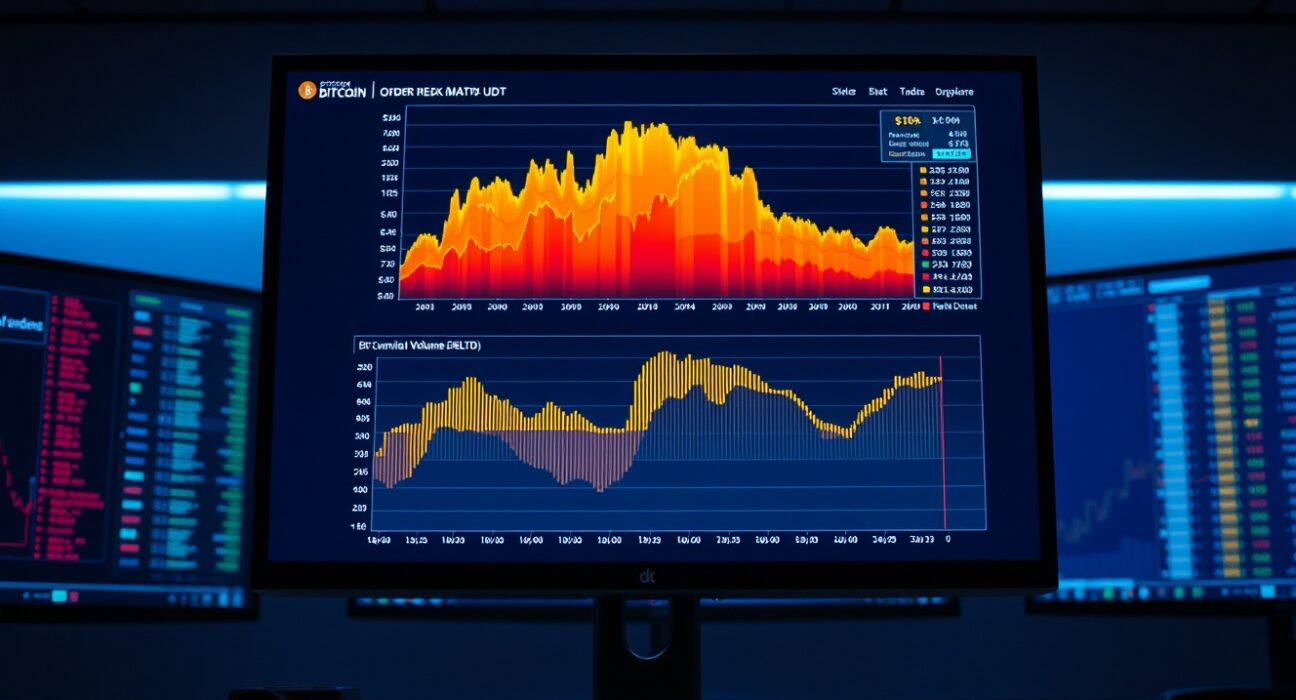 Professional trading monitor displaying BTC/USDT Spot CVD chart with volume heatmap and cumulative volume delta indicators.