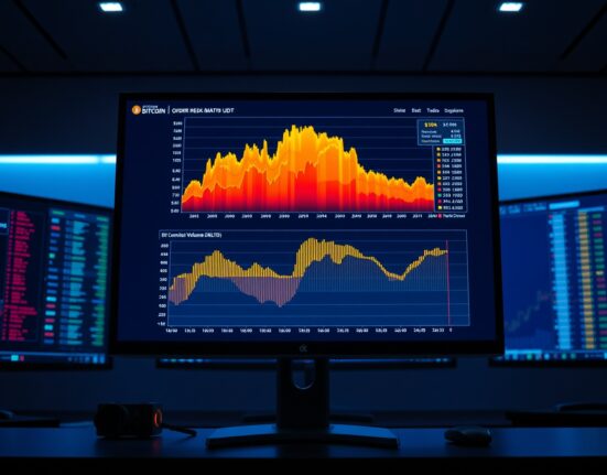Professional trading monitor displaying BTC/USDT Spot CVD chart with volume heatmap and cumulative volume delta indicators.
