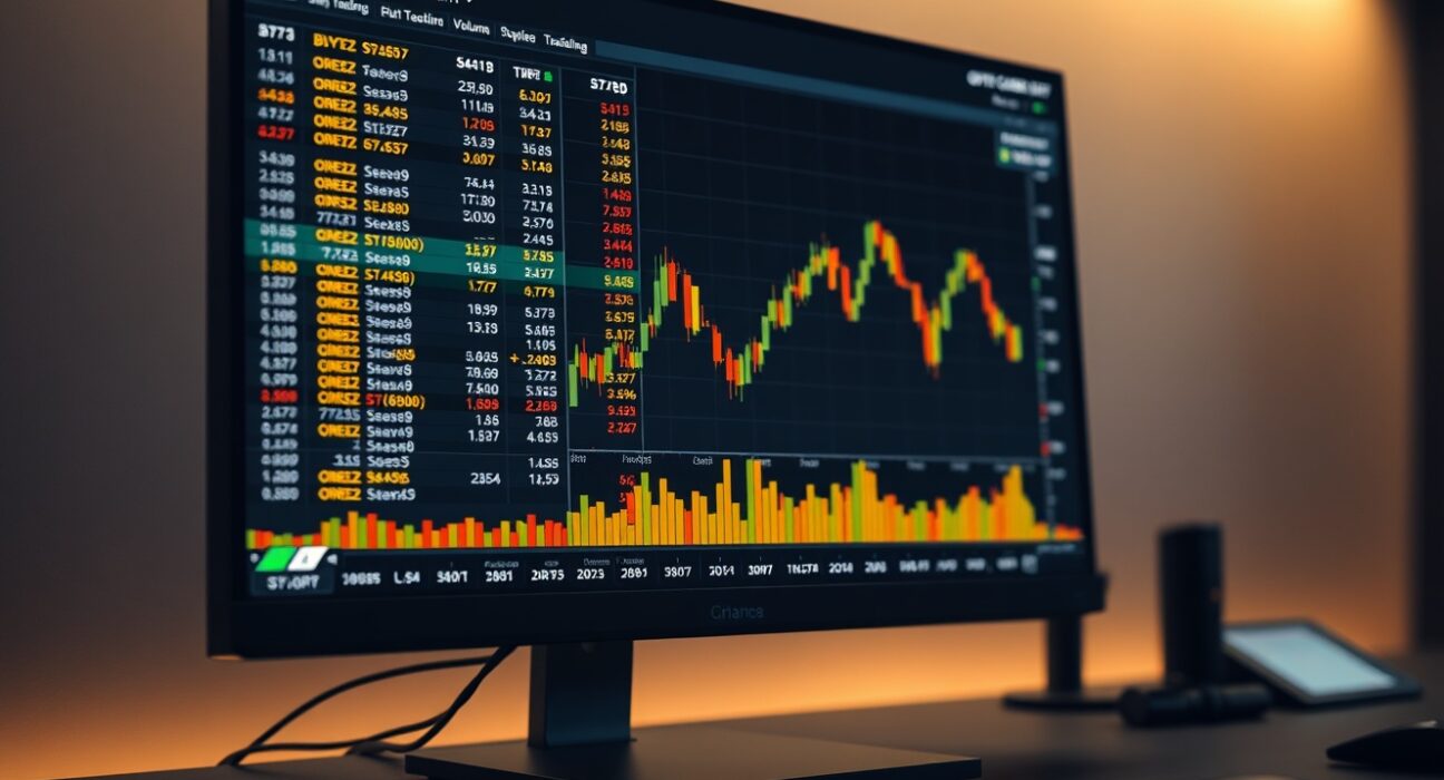 BTC/USDT Spot CVD chart with volume heatmap and cumulative volume delta indicators on a trading monitor.