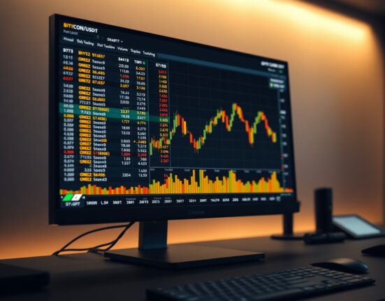 BTC/USDT Spot CVD chart with volume heatmap and cumulative volume delta indicators on a trading monitor.