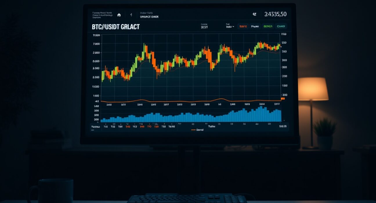 Trading monitor displaying BTC/USDT order book with volume heatmap and cumulative volume delta indicator