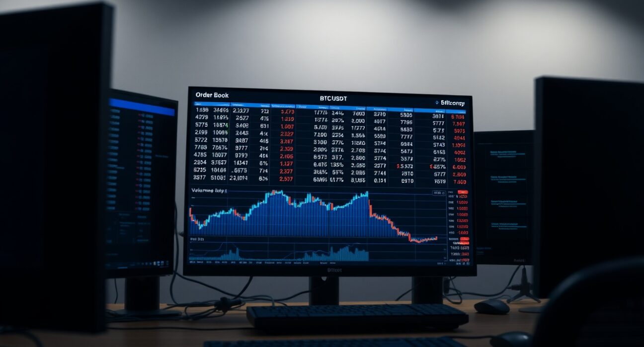 Professional trading desk with BTC/USDT order book chart showing volume heatmap and cumulative volume delta.