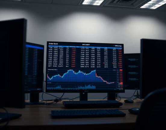 Professional trading desk with BTC/USDT order book chart showing volume heatmap and cumulative volume delta.