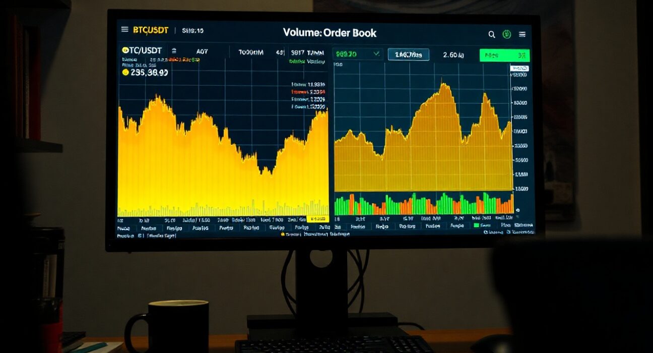 Trading monitor displaying Spot CVD chart with volume heatmap and cumulative volume delta for BTC/USDT