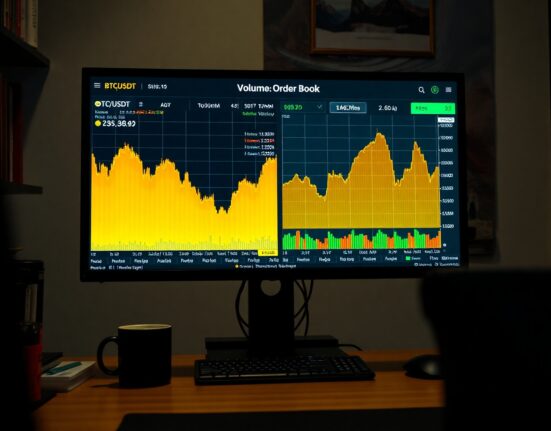 Trading monitor displaying Spot CVD chart with volume heatmap and cumulative volume delta for BTC/USDT