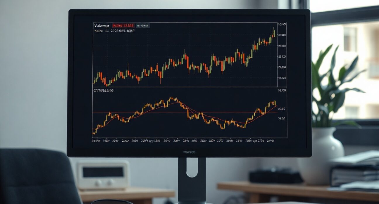 BTC/USDT spot CVD chart with volume heatmap and cumulative volume delta on a trading monitor