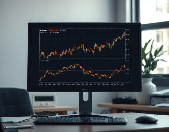 BTC/USDT spot CVD chart with volume heatmap and cumulative volume delta on a trading monitor