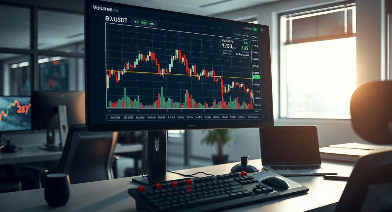 Trading monitor displaying BTC/USDT Spot CVD chart with volume heatmap and cumulative volume delta indicator
