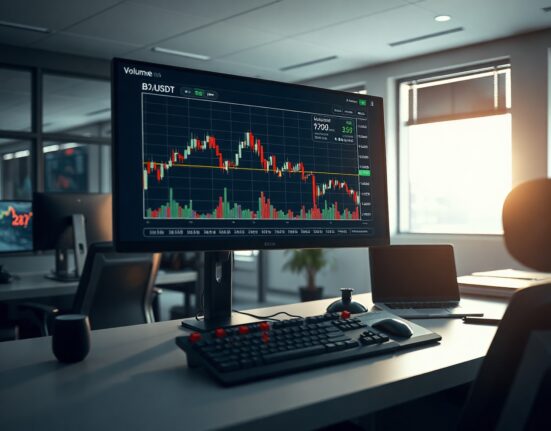 Trading monitor displaying BTC/USDT Spot CVD chart with volume heatmap and cumulative volume delta indicator