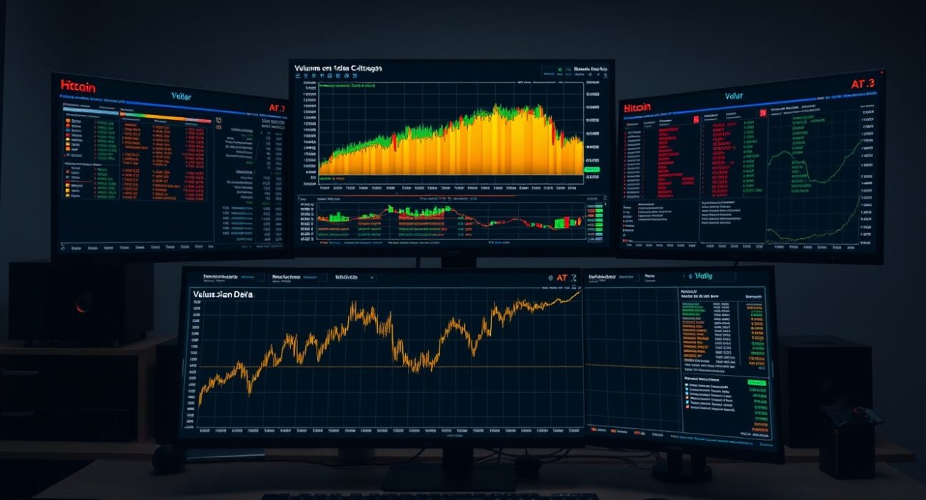 A professional trading monitor displaying a Spot CVD chart for BTC/USDT with a Volume Heatmap.