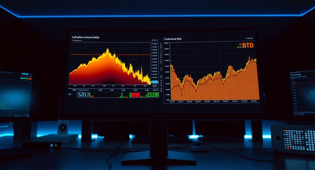 Trading desk monitors showing BTC/USDT Spot CVD chart with Volume Heatmap and cumulative volume delta lines.