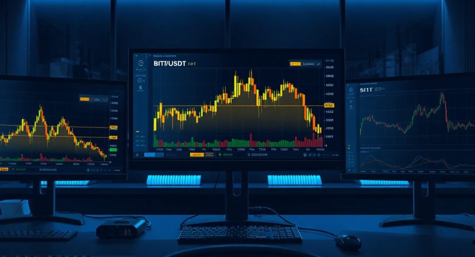 Trading monitor displaying BTC/USDT Spot CVD chart with Volume Heatmap and Cumulative Volume Delta indicator