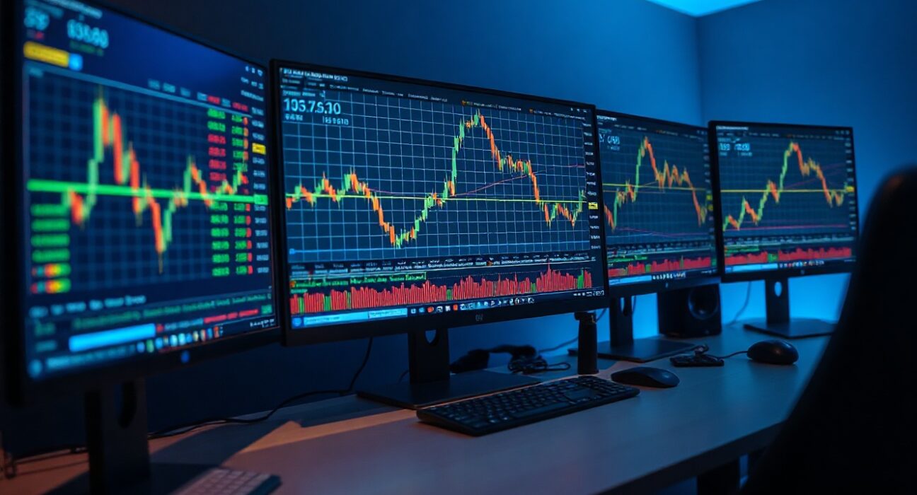 Trading desk monitors displaying BTC/USDT order book depth and cumulative volume delta charts for market analysis.