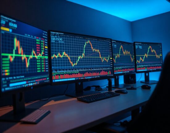 Trading desk monitors displaying BTC/USDT order book depth and cumulative volume delta charts for market analysis.