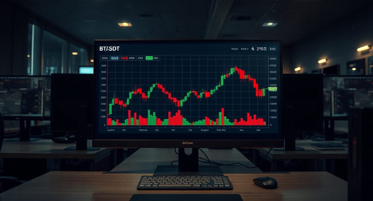 Professional trading monitor displaying BTC/USDT spot CVD chart with volume heatmap and cumulative volume delta indicator.