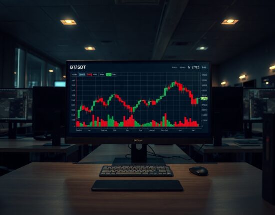Professional trading monitor displaying BTC/USDT spot CVD chart with volume heatmap and cumulative volume delta indicator.