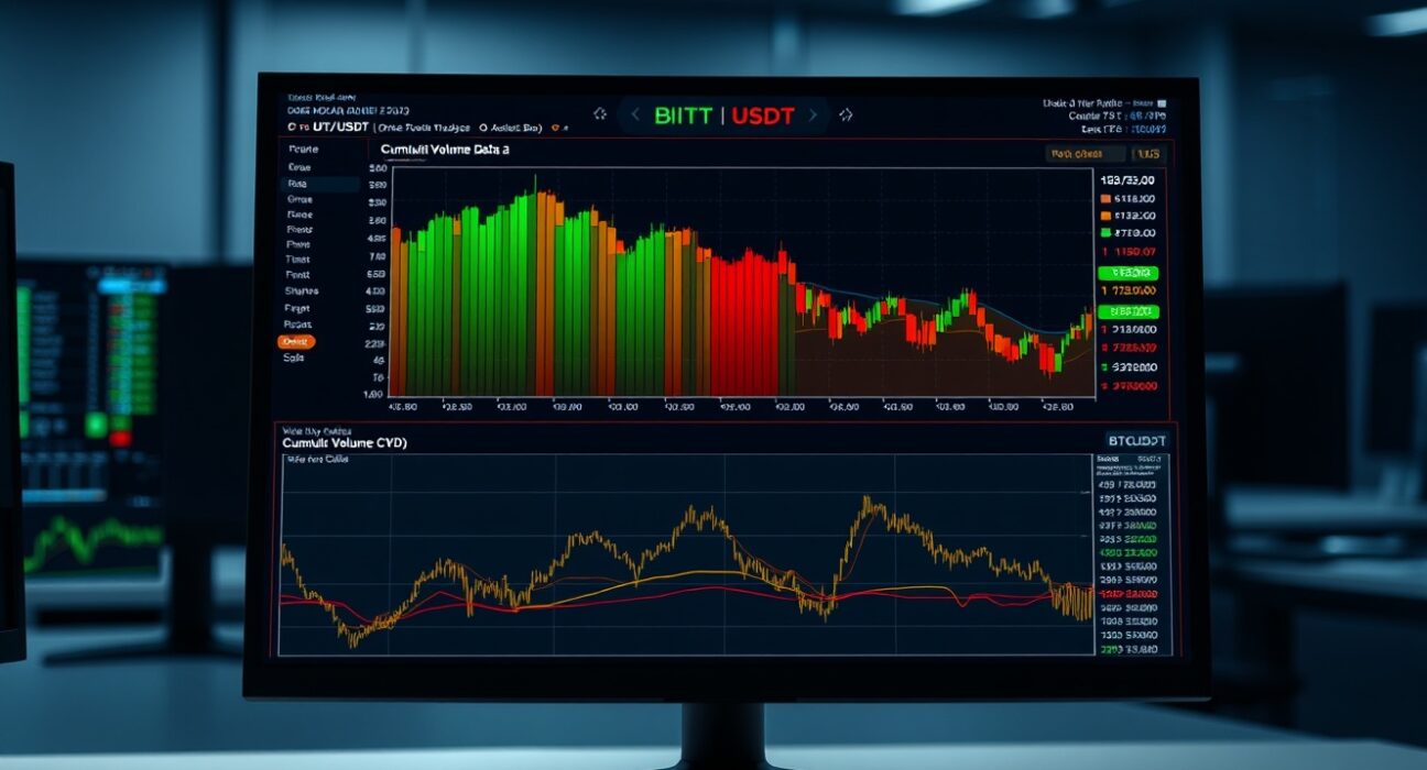 BTC/USDT Spot CVD chart showing Volume Heatmap and Cumulative Volume Delta lines on a trading monitor