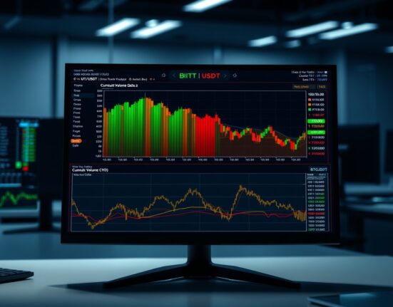 BTC/USDT Spot CVD chart showing Volume Heatmap and Cumulative Volume Delta lines on a trading monitor