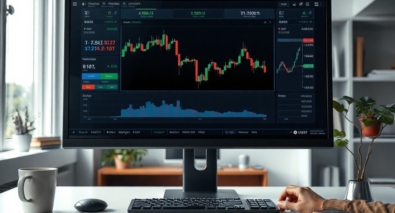 Trading desk with monitor showing BTC/USDT volume heatmap and cumulative volume delta chart