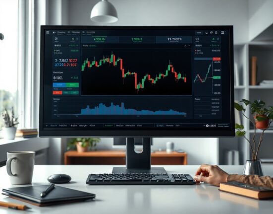 Trading desk with monitor showing BTC/USDT volume heatmap and cumulative volume delta chart