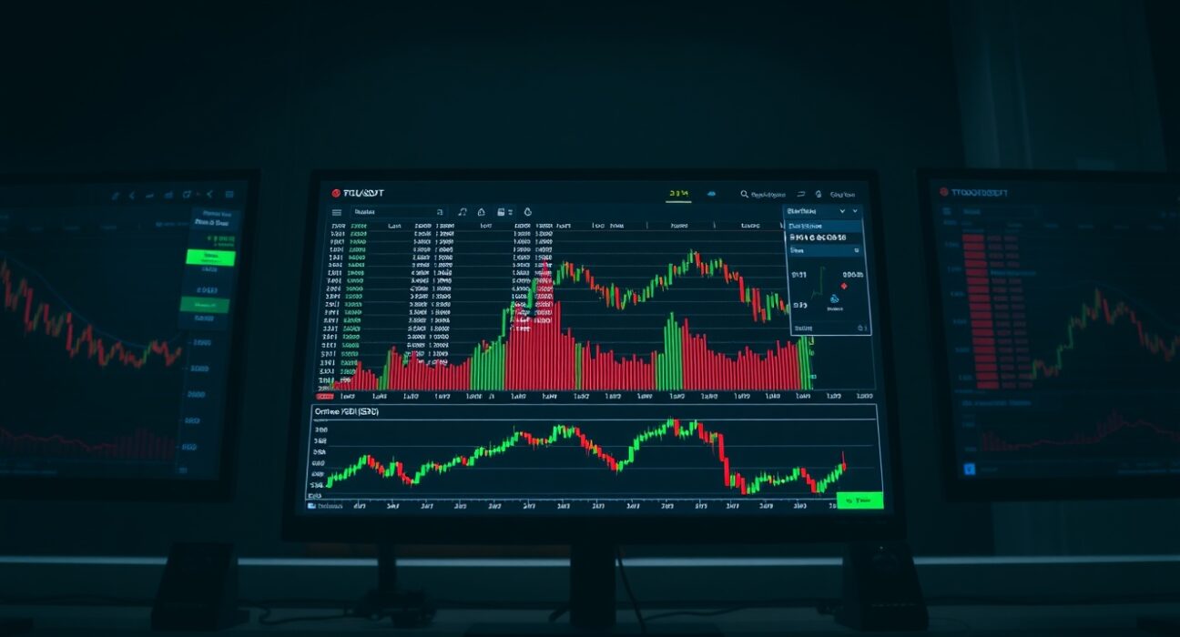 Professional trading monitors displaying BTC/USDT order book heatmap and Cumulative Volume Delta chart