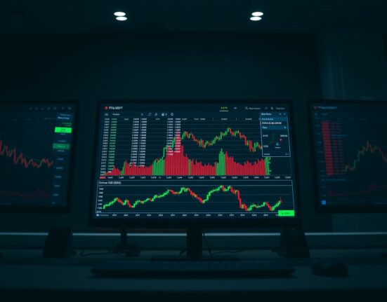 Professional trading monitors displaying BTC/USDT order book heatmap and Cumulative Volume Delta chart