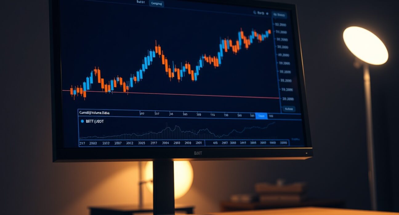 Close-up of a trading monitor showing a Bitcoin price chart with a CVD indicator and volume heatmap.