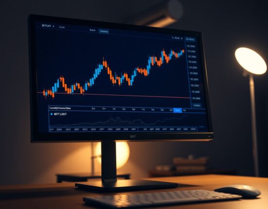 Close-up of a trading monitor showing a Bitcoin price chart with a CVD indicator and volume heatmap.