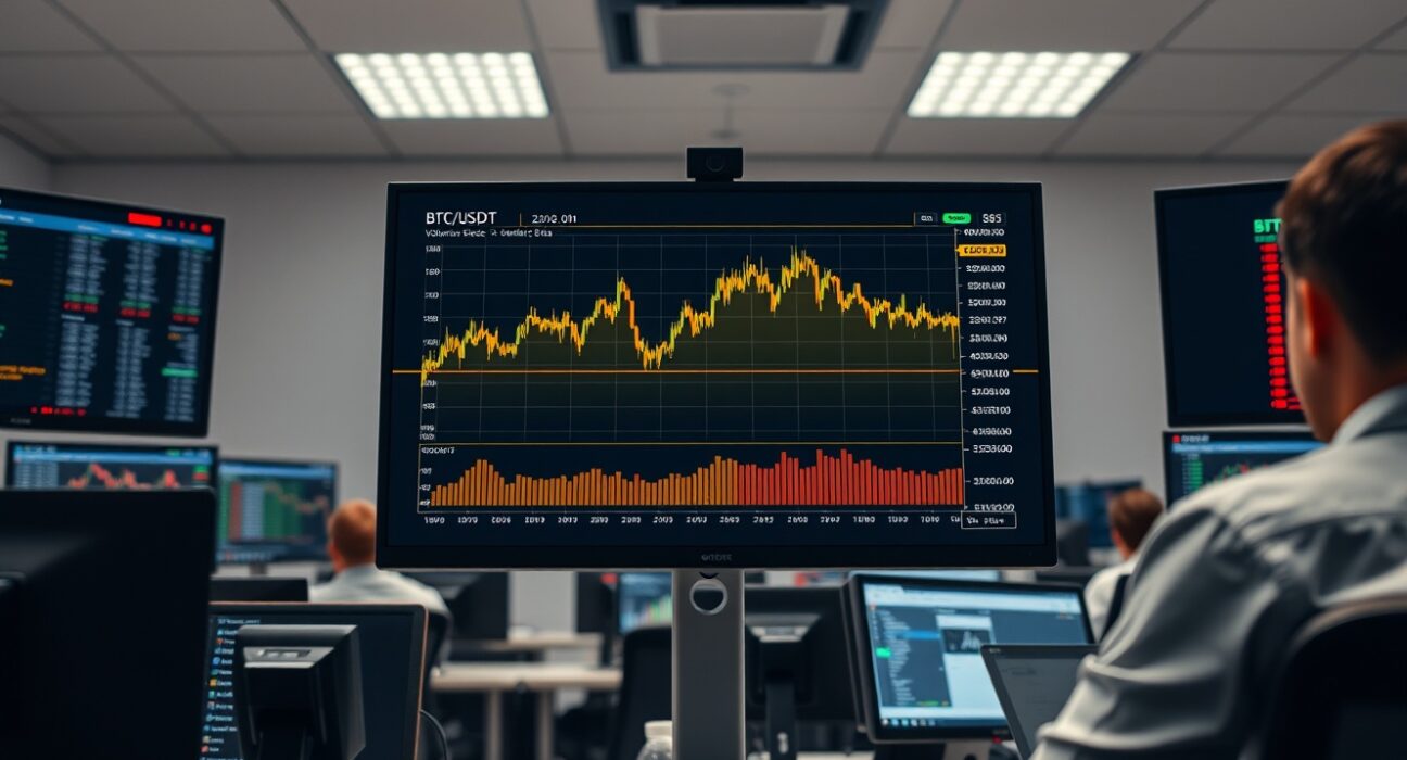 Trading desk with BTC/USDT chart showing Spot CVD and volume heatmap