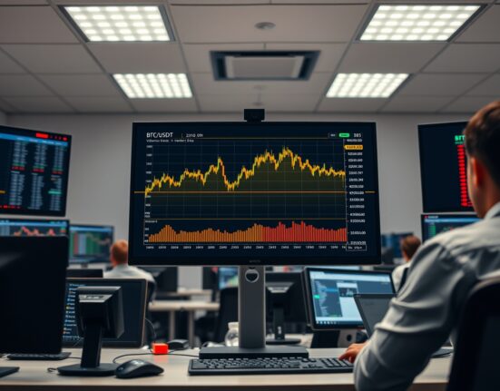 Trading desk with BTC/USDT chart showing Spot CVD and volume heatmap