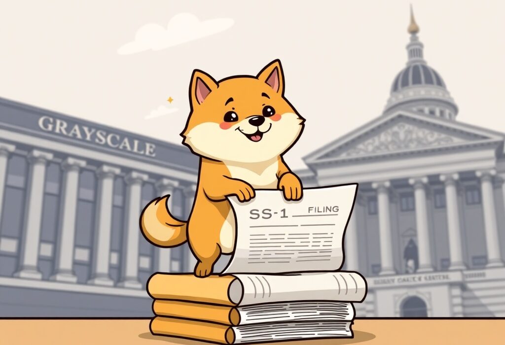 A cartoon Shiba Inu representing Dogecoin standing on an S-1 document, symbolizing Grayscale's Spot Dogecoin ETF filing.
