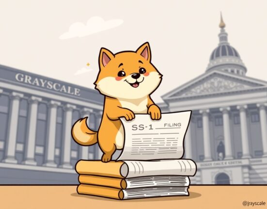 A cartoon Shiba Inu representing Dogecoin standing on an S-1 document, symbolizing Grayscale's Spot Dogecoin ETF filing.