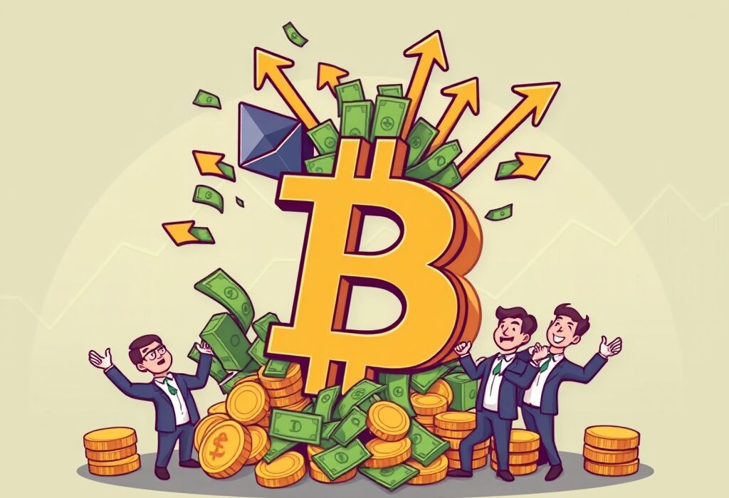 Cartoon illustration showing robust Spot ETF inflows for Bitcoin and Ethereum, symbolizing strong market performance.