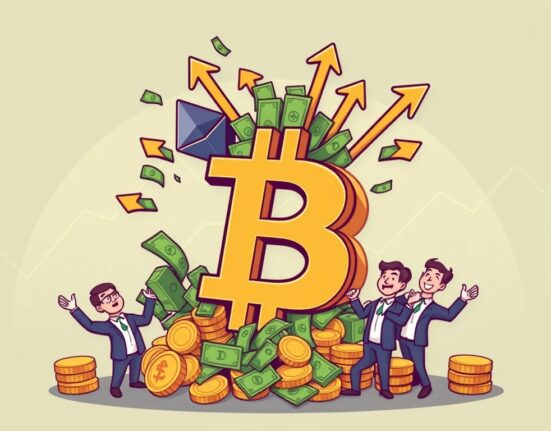 Cartoon illustration showing robust Spot ETF inflows for Bitcoin and Ethereum, symbolizing strong market performance.