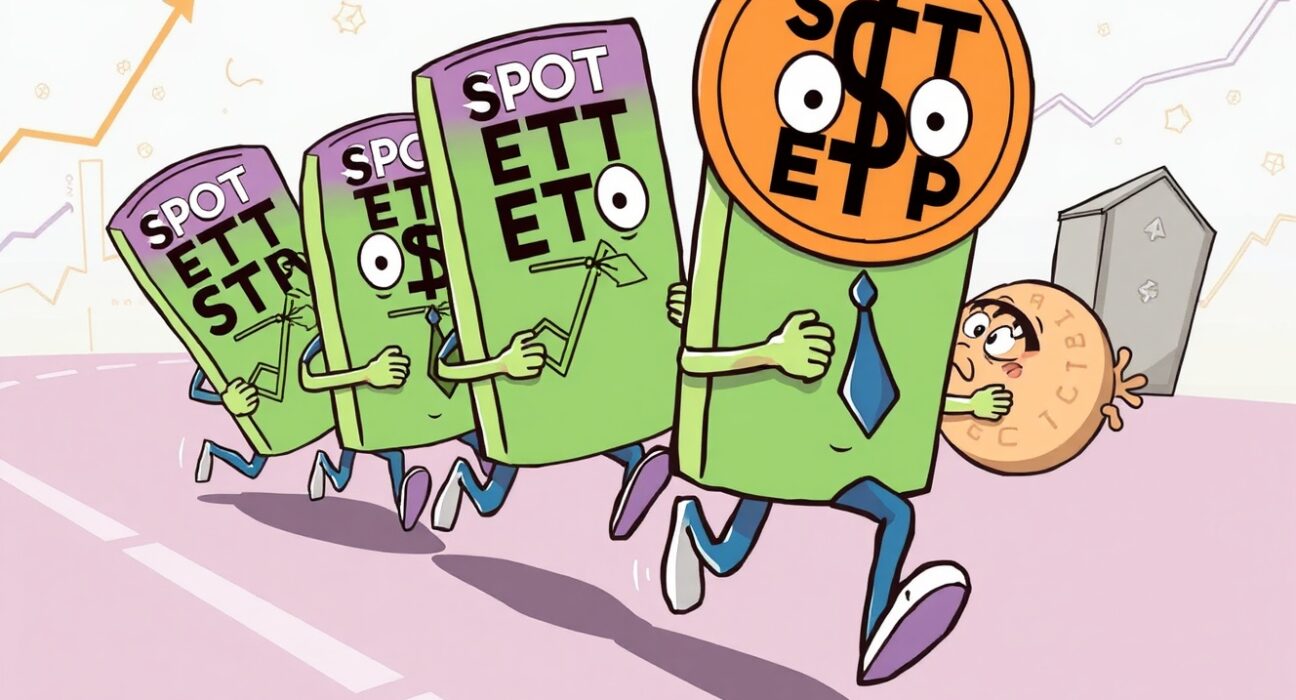 Cartoon illustration showing Spot ETFs leading the crypto market, symbolizing their renewed dominance over corporate buying.