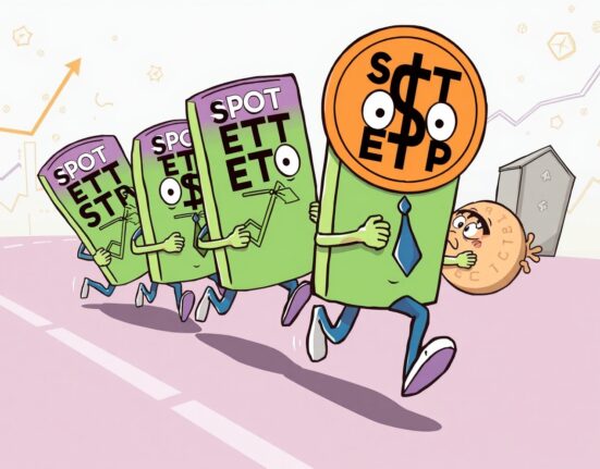 Cartoon illustration showing Spot ETFs leading the crypto market, symbolizing their renewed dominance over corporate buying.