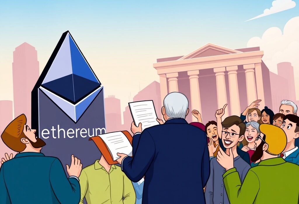 Cartoon illustration depicting the SEC acknowledging a BlackRock Spot ETH ETF application, symbolizing a major step for Ethereum's institutional adoption.