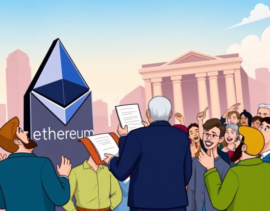 Cartoon illustration depicting the SEC acknowledging a BlackRock Spot ETH ETF application, symbolizing a major step for Ethereum's institutional adoption.