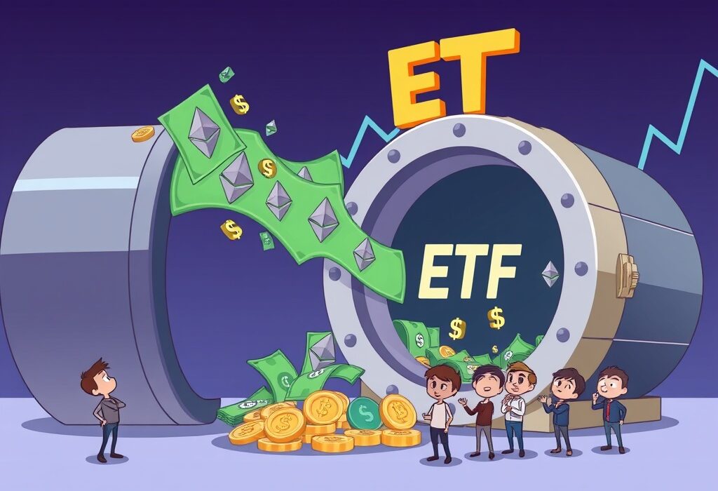 Cartoon showing money leaving an ETF vault, symbolizing significant Spot ETH ETF outflows and investor concern.