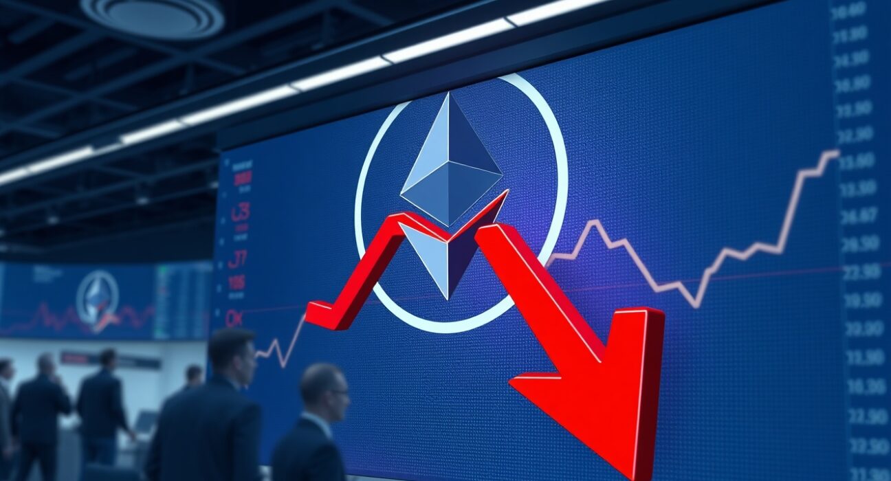 Ethereum ETF outflows chart with red downward arrow on digital board