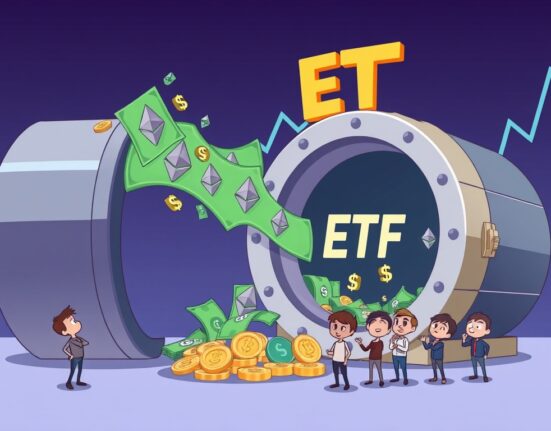Cartoon showing money leaving an ETF vault, symbolizing significant Spot ETH ETF outflows and investor concern.