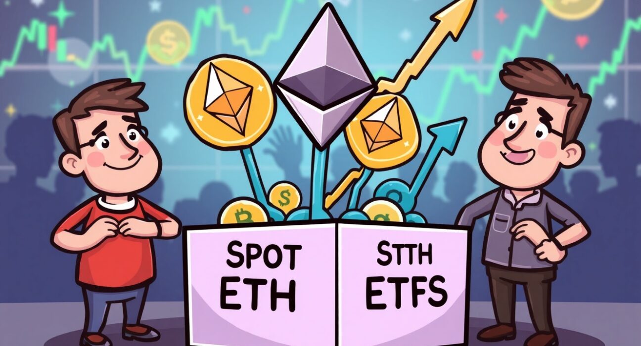 A vibrant cartoon depicting money flowing into Spot ETH ETFs, symbolizing growing investor confidence and positive market sentiment.