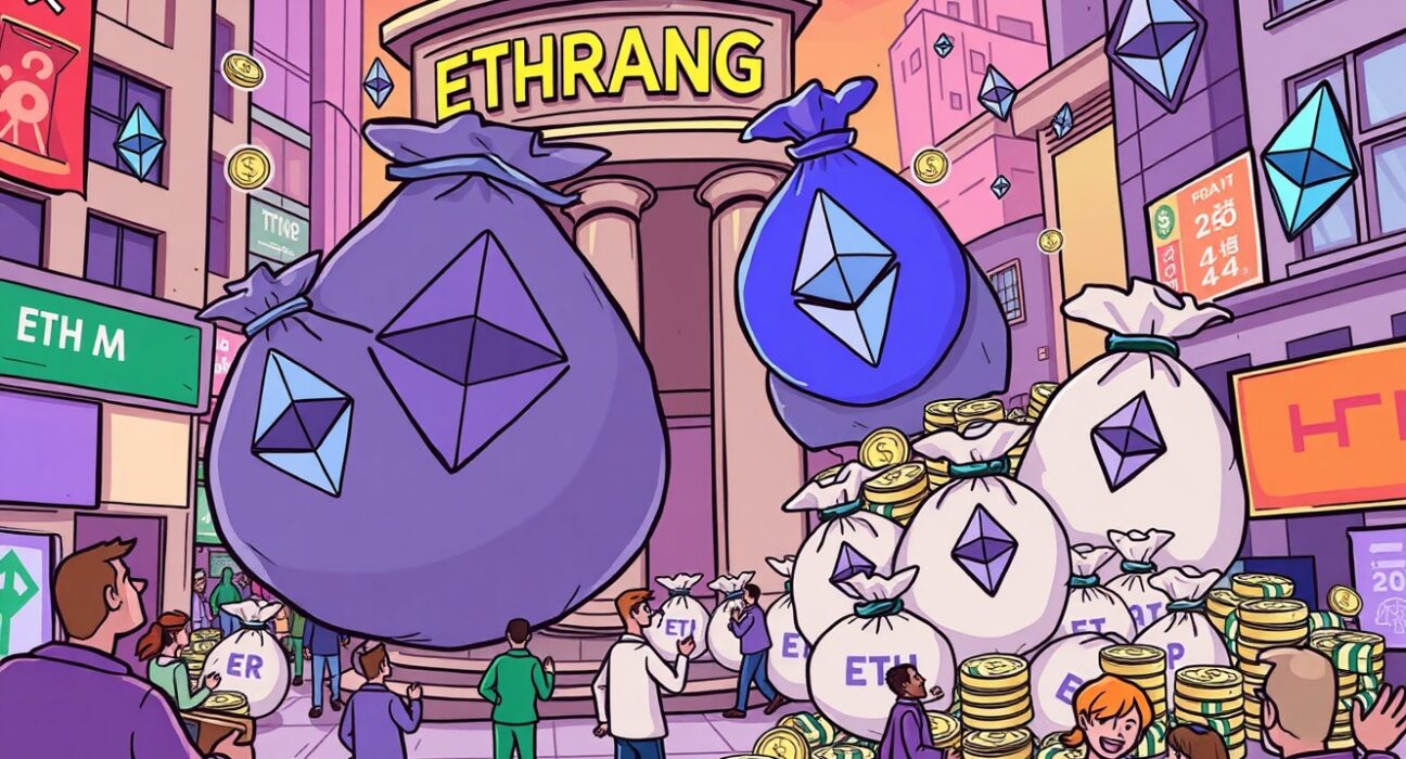 Cartoon illustration showing a chart with an upward trend, representing significant Spot ETH ETFs inflows and positive market sentiment.