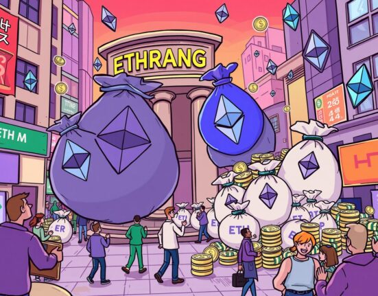 Cartoon illustration showing a chart with an upward trend, representing significant Spot ETH ETFs inflows and positive market sentiment.