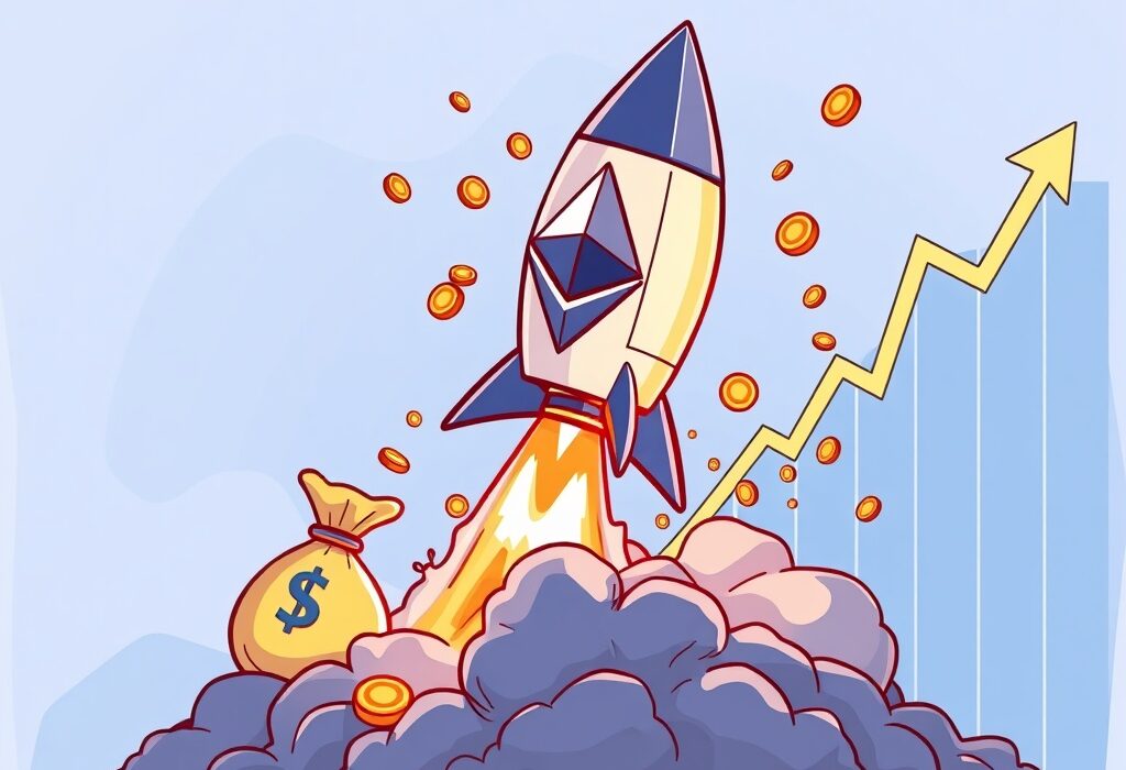 A vibrant cartoon illustration showing a powerful surge in Spot ETH ETFs inflows, with an Ethereum rocket launching skyward, symbolizing rapid growth and record investments.