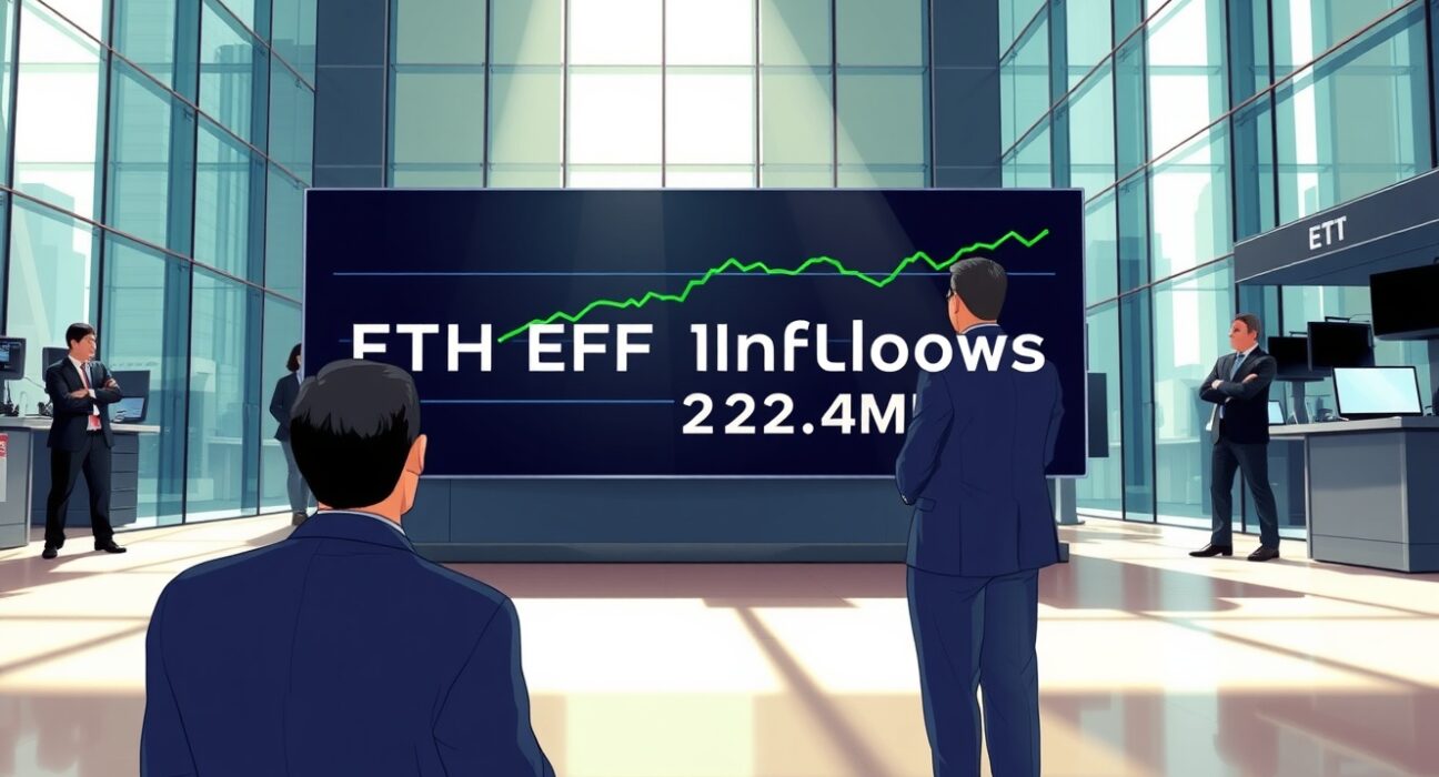 Traders observing a digital board showing Ethereum ETF inflows of $23.4 million, highlighting the return of positive fund flows.
